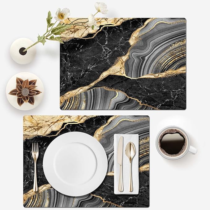 Mcalk Black Marble Table Runner and Placemats Set of 6 Pieces, Gold Marble Placemats, Modern Cloth Place Mats Indoor for Kitchen,Washable Linen Material for Dining Table