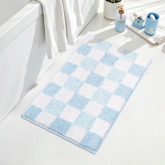 GRANNY SAYS Checkered Blue Bathroom Rugs, 32" x 20", Non-Slip Bath Mats for Bathroom, Plush Shag Absorbent Microfiber Ultra Soft Bath Mat, Cute Washable Rug for Tub, Shower, Bedroom