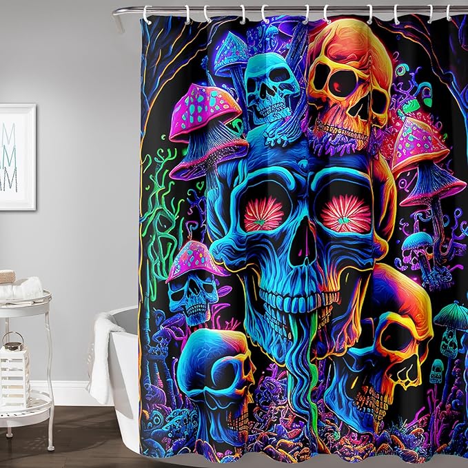 AILONEN Mushroom Skull Shower Curtain for Bathroom,Purple Mushroom Skull Bath Curtain,Fantasy Fairy Skull Skeleton Decoration Bathroom Waterproof Shower Curtain with 12 Plastic Hooks, 72" W*96" H