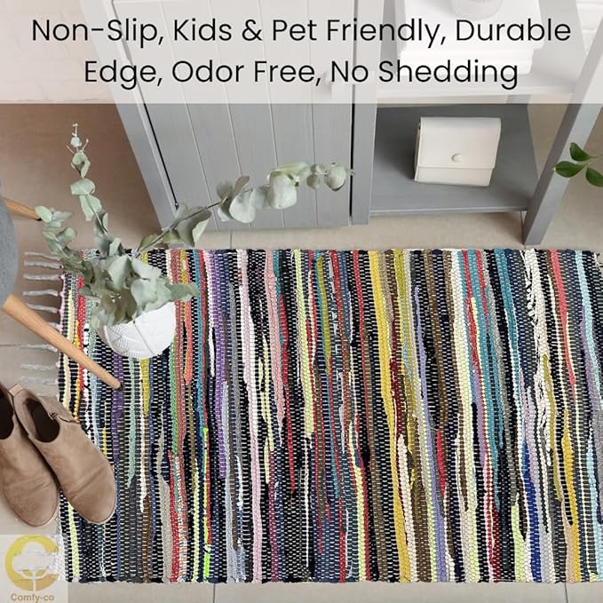 Cotton Chindi Rug with Fringes - Handcrafted Area Rag - Reversible Floor Rug for Bedroom, Living Room, Kitchen, Dorm, Entryway, Hallway - 2x3 ft (24x36 inch) Multi Colored