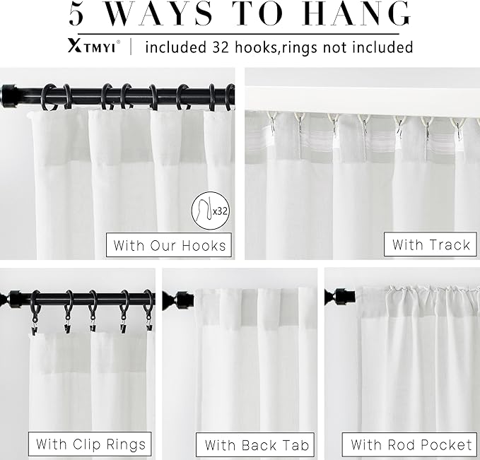 White Linen Curtains 102 Inches Long 2 Panels Back Tab Hook Pleated Rod Pocket Cotton Polyester Blend Light Filtering Semi Sheer Curtain Drapes for Bedroom Living Room,Total 100 In Wide 8.5FT Length