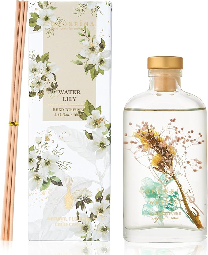 COCORRÍNA Reed Diffuser - Water Lily 5.41 oz Flower Reed Diffuser Set with Sticks, Bedroom Bathroom Shelf Decor (Scented Blooms Collection)