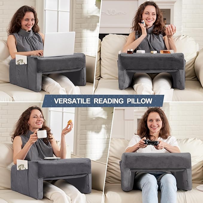 Homguava Reading Pillow Memory Lap Desk Foam Pillow for Adults Gaming Pillow Arm Rest Pillow for Reading, Crocheting, Gaming or Sitting in Bed (Grey, Medium)
