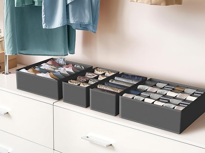 Simple Houseware 4-Pack Drawer Organizer Set - Closet Dividers for Underwear, Socks, Bras, Scarves, Ties - Foldable Non-Woven Storage Boxes, Dark Gray