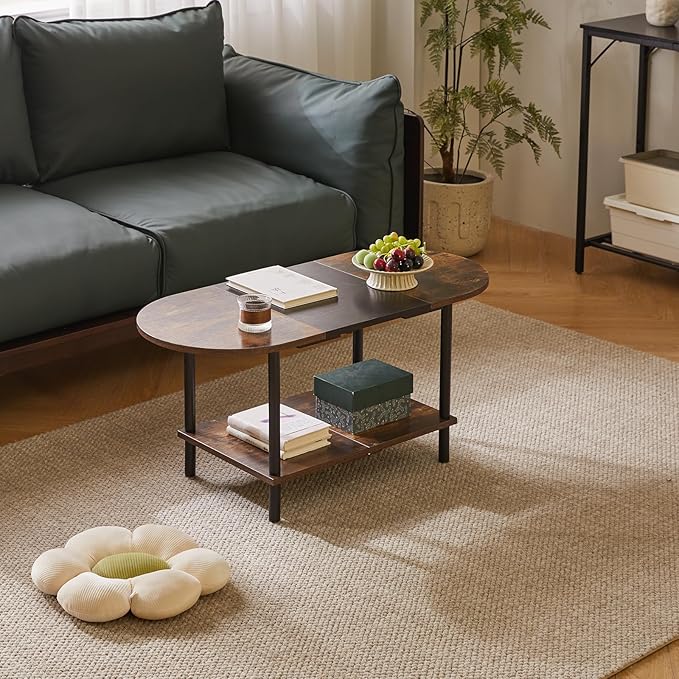 Mid Century Modern Coffee Table, Rustic Coffee Table Unique Color Contrast Design, 2-Tier Center TV Table 35x16x17in Rustic Brown + Black YD-011BH