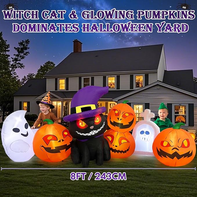 MICOCAH Halloween Inflatables Outdoor Decorations 8 FT Long Funny Pumpkin Black Cat Blow Up Lanterns Built-in LED Lights with Ghost Tombstone Scary Yard Decoration for Holiday Party Outside Lawn
