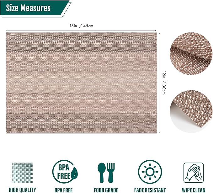 Winknowl Placemats, Set of 8 Heat Resistant Stain Resistant Woven Vinyl Insulation Placemats, Durable Washable Elegant Table Mats for Dining (Pink Gold)