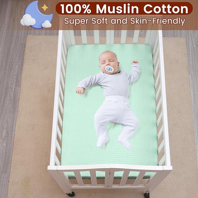 Muslin Mini Crib Sheets, 2 Pack Cotton Pack N Play Sheets for Boys Girls Neutral, Soft Breathable Baby Sheets Fit Pack N Play, Playard and Mini Crib Mattresses, Beige & Green