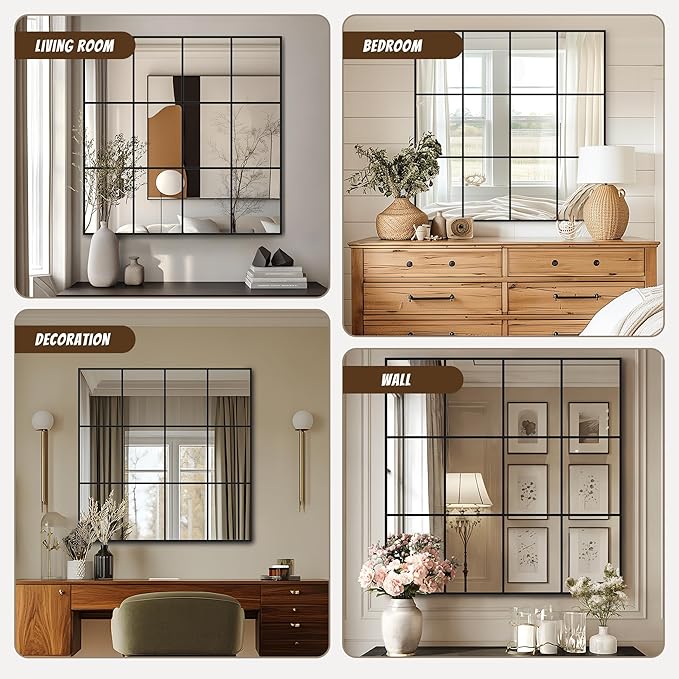 Antok Decorative Mirrors for Wall Decor, 36" x 36" Decorative Wall Mirror Black Window Mirrors Wall Mounted Decorative Mirror for Living Room Dining Room Hallway Entryway，Black,Retro Rect Style