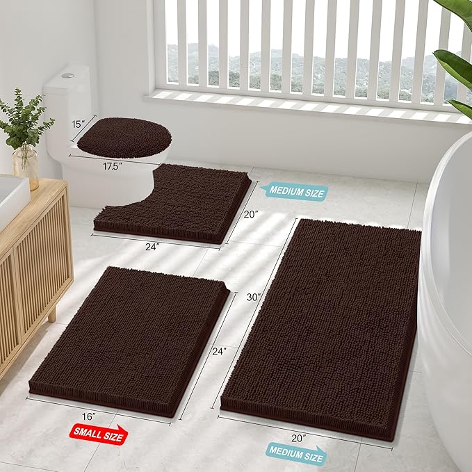 Smiry Luxury Chenille Bathroom Rugs 48x32, Extra Soft and Absorbent Shaggy Bath Mat, Machine Washable, Non-Slip Plush Carpet Runner for Tub, Shower, and Floor, Home Decor Accessories, Brown