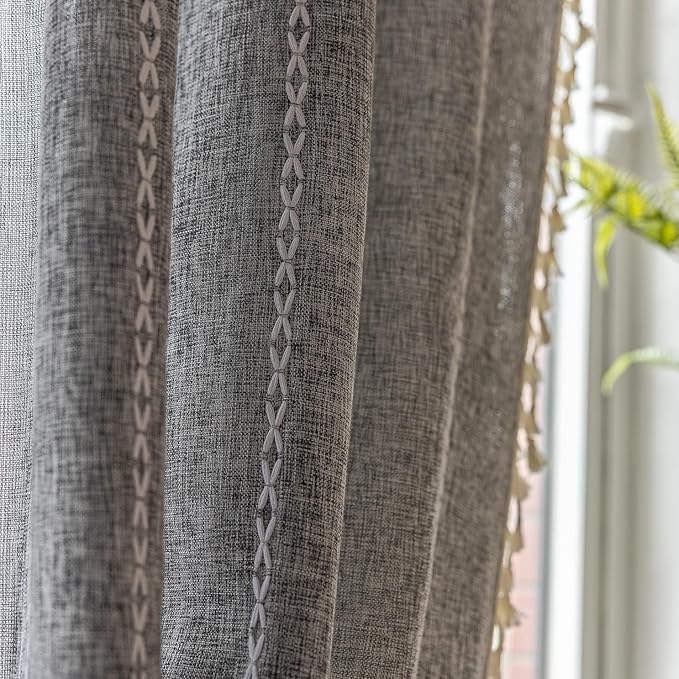 Sutuo Home Boho Curtain for Bedroom Living Room Kitchen, Semi Blackout Linen Farmhouse Shabby Chic Tassels Window Treatment Bohemian Embroidery Drape, Rod Pocket 1 Panel 52" W x 96" L, Black Grey