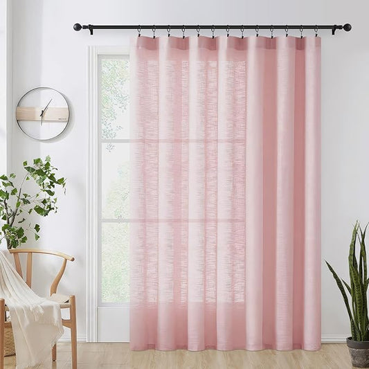 FMFUNCTEX Pink Sliding Door Curtains 84" Living Room Linen Semi Sheer Curtains 100" Width Extra Wide Room Divider Bedroom Drapes Linen Textured Semi Sheer Window Panels Blush Pink Rod Pocket 1 Panel