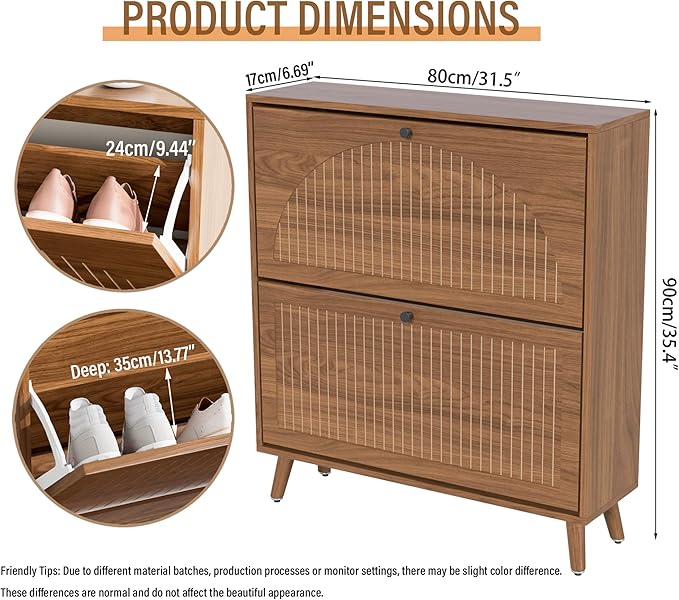 Shoe Storage Cabinet for Entryway with 2 Flip Drawers, Narrow Wood Shoe Cabinet with Fluted Panel, Freestanding Hidden Shoe Organizer for Foyer, Hallway (Walnut - No Shelf)