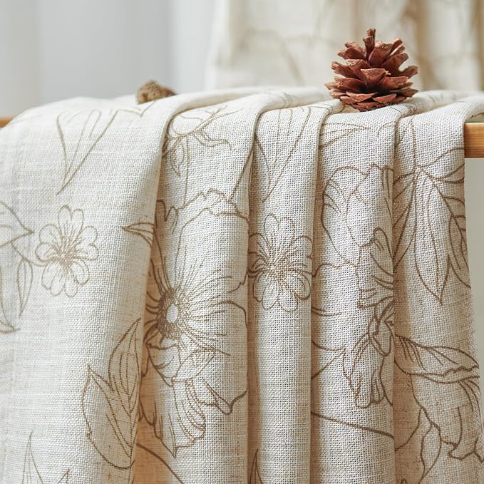 jinchan Linen Floral Curtains for Living Room 84 Inch Length Taupe Flower Curtain Rod Pocket Back Tab Farmhouse Curtains with Printed Floral Bedroom Window Curtain Set, 2 Panels Taupe