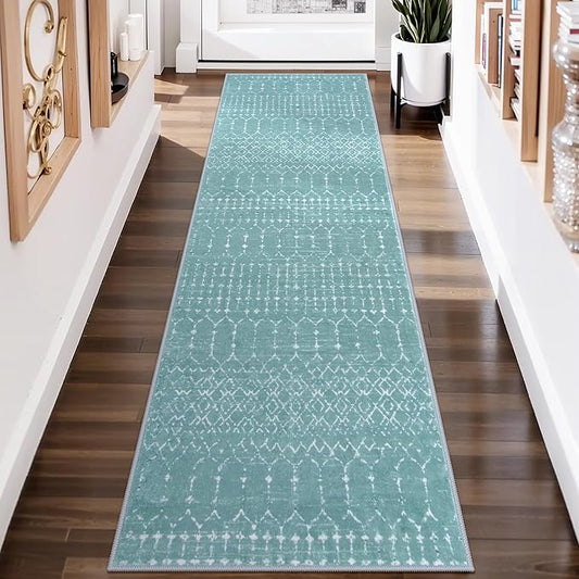 Lahome Moroccan Washable Runner Rug 2x8 - Green Non-Slip Rug Runner Stain Resisitant Kitchen Carpet, Geometric Print Distressed Soft Untra-Thin Floor Carpet for Bedroom Entryway