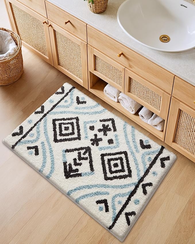 LUMI Bathroom Rugs 20x32, Highly Absorbent Non Slip Machine Washable Floor Mat, Ultra Soft Fluffy Plush Bath Mat for Bathtub Bathroom Shower Home Decor(Blue Black White)