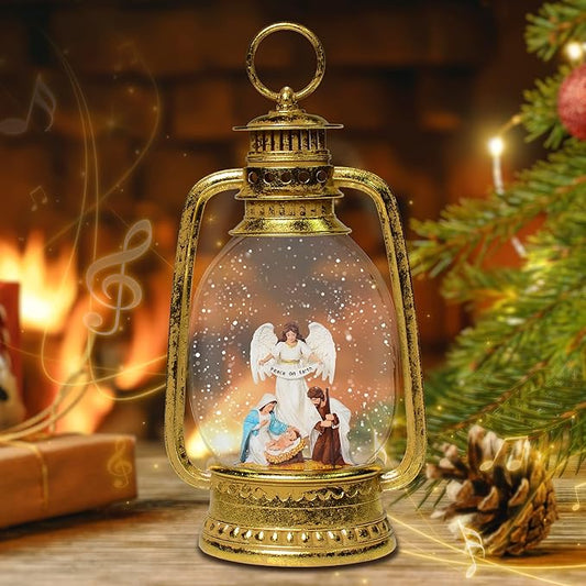 Christmas Snow Globes, 12.5" Angel and Nativity Glitter Water Lantern with Song, 6H Timer Battery & USB Powered Music Box for Christmas Decorations Indoor