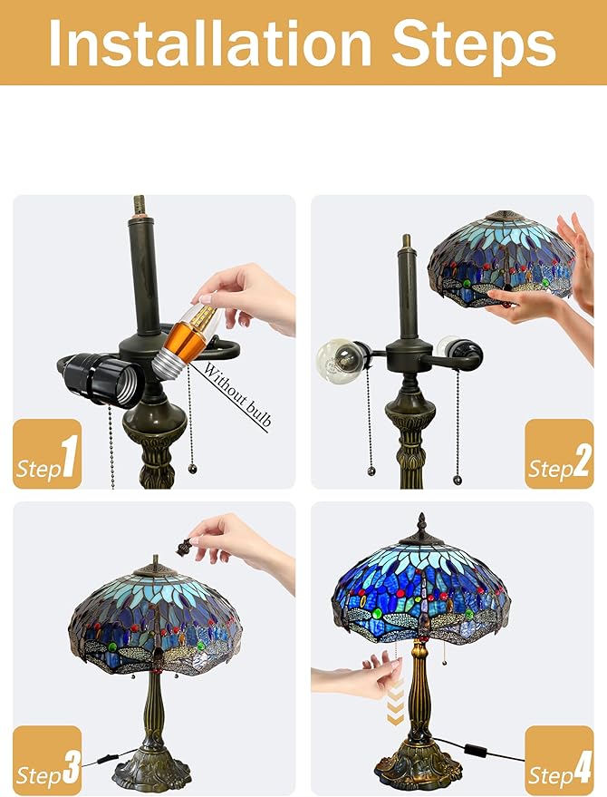 KY&BOSAM Tiffany Dragonfly Table Lamp Tiffany Style Table lamp Stained Glass Style Desk Lamps 24 Inch Tall Glass 16 Inch Wide Lamp Shade Beside Lamp 2 Bulb Antique Zinc Base for Home Bedroom Decor