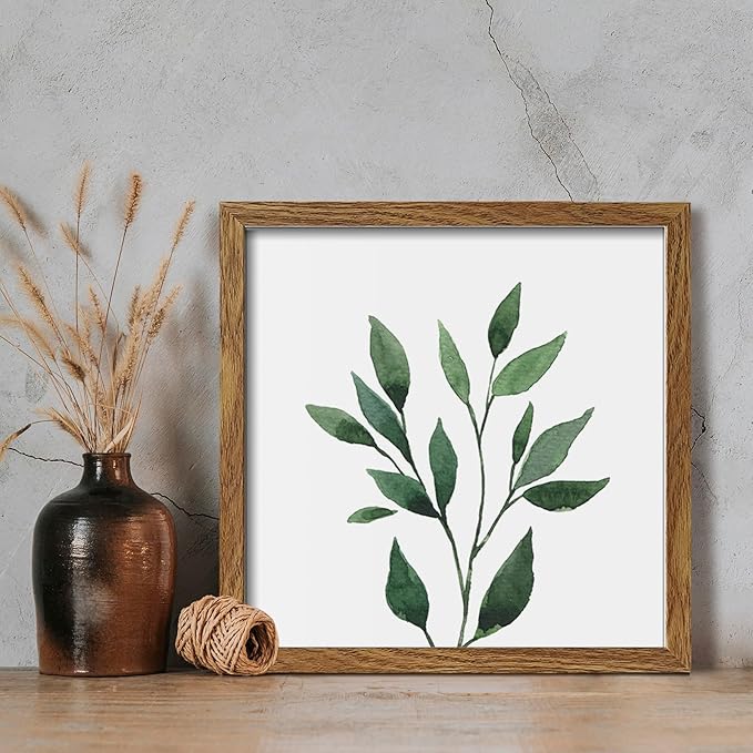 ArtbyHannah Framed Bathroom Wall Decor, 10x10 Inch Botanical Wall Art with Sage Green Plant Print for Wall Decoration, Minimalist Restroom Decor (Walnut)