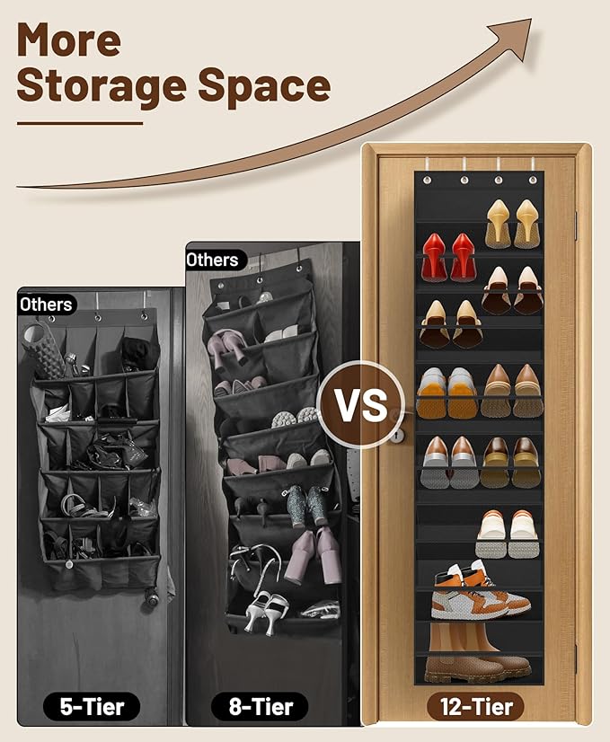 MISSLO 12 Tier Over the Door Shoe Organizer Hanging Shoe Rack for Closet Storage Sneaker Holder for Door Fit 24 Pairs Sandals, Heels, Boots (Black)