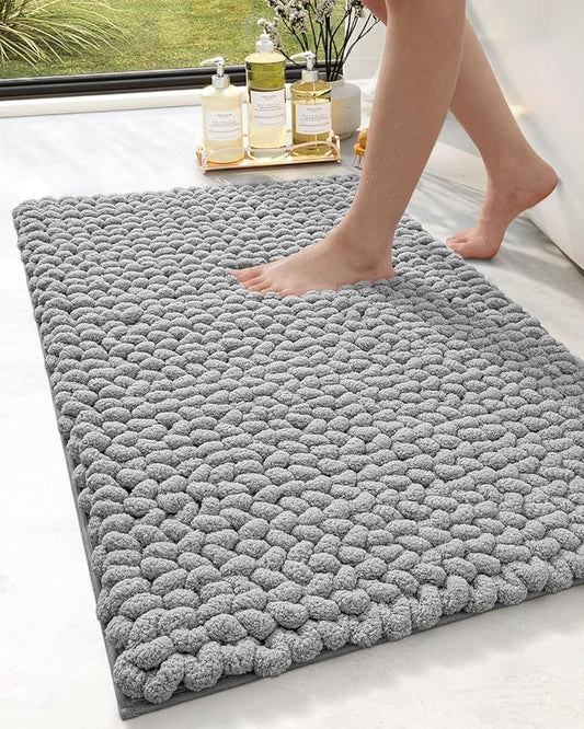 DEXI Bathroom Rugs 24x36, Non Slip Washable Bath Mat, Luxury Chenille Super Absorbent Thick Bathmats for Shower Floor, Plush Fluffy Shaggy Carpet for Tub, Light Grey