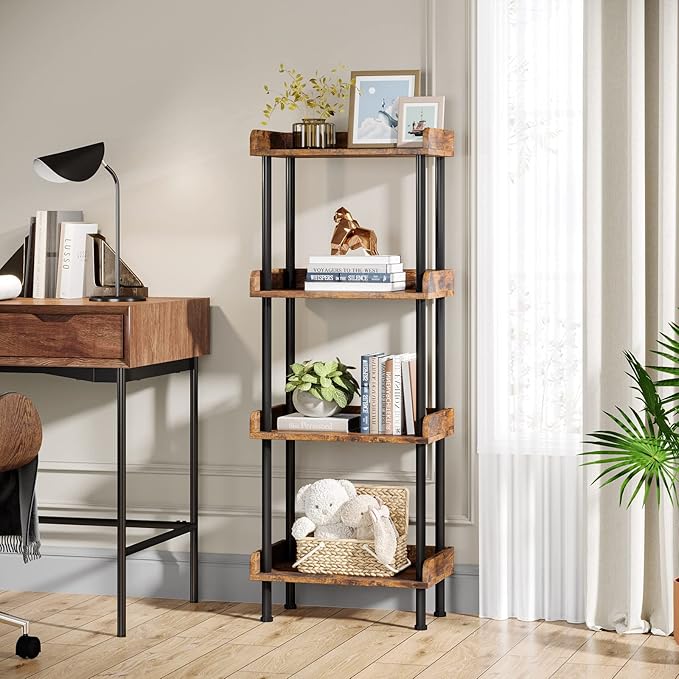 Hosfais Bookcase 4 Tier Bookshelf, Vintage Small Bookshelf for Spaces, Wooden Book Shelf for Living Room Bedroom