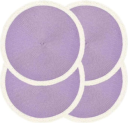Noctiflorous Round Braided Placemats Set of 4 Table Mats 15 Inches Washable Heat Resistant for Dining Table Non-Slip Indoor Outdoor Place Mats for Easter(02 White Edge Purple 4)
