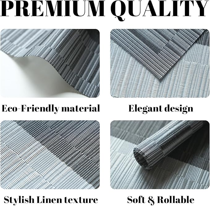 Placemats Set of 4 Vinyl/Plastic Woven Place Mats for Kitchen Table Indoor/Outdoor Washable Placemat Wipeable Dining Table Mats (Ombre Silver Grey Black,4)