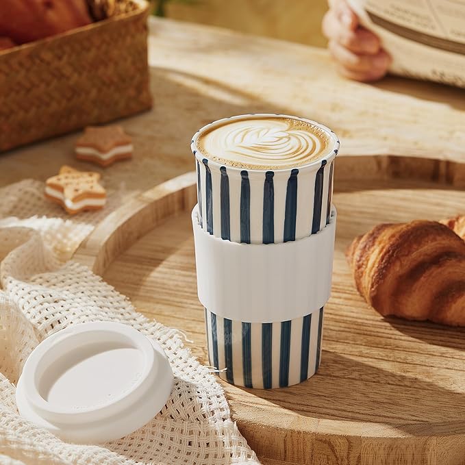 Millie 12oz Ceramic Travel Coffee Mug - Stylish Tumbler with Lid, Microwave & Dishwasher Safe Ceramic Travel Mug with Lid- Unique Gift Idea for Women & Men Who Love Coffee on the Go