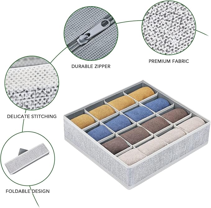 Joyoldelf Sock Drawer Organizer Divider Underwear Organizer 16-cell Fabric Dresser Drawer Organizers Storage Boxes for Socks Lingerie, Handkerchiefs, Ties 4 Pack (Blended-Grey)