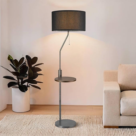 ELYONA C Shaped End Table Floor Lamp with USB A+C Charging Ports Wood Side Table Modern Reading Light Black Linen Shade Farmhouse Tall Standing Lamp for Living Room Bedroom Office LED Bulb Included