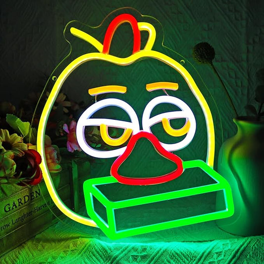Playful Chicken Neon Signs for Wall Decor, Anime LED Light for Bedroom, Kids' Room, Birthday Decorations, USB Powered, Yellow, Green, Orange Color, 11.2"x9.4"
