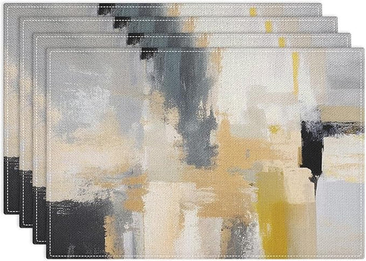 Emvency Farmhouse Placemats Set of 4, Modern Grey and Gold Art Painting 12x18 Inch Abstract Beige Table Mats for Outdoor Home Party Kitchen Dining Decoration