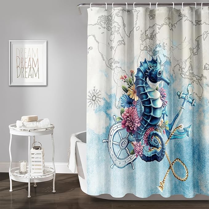 AILONEN Seahorse Shower Curtain for Bathroom,Nautical Coast Retro Map Ocean Bath Curtain 72" W*96" H,Blue Sea Animal Print Decorative Waterproof Curtain with 12 Plastic Hooks