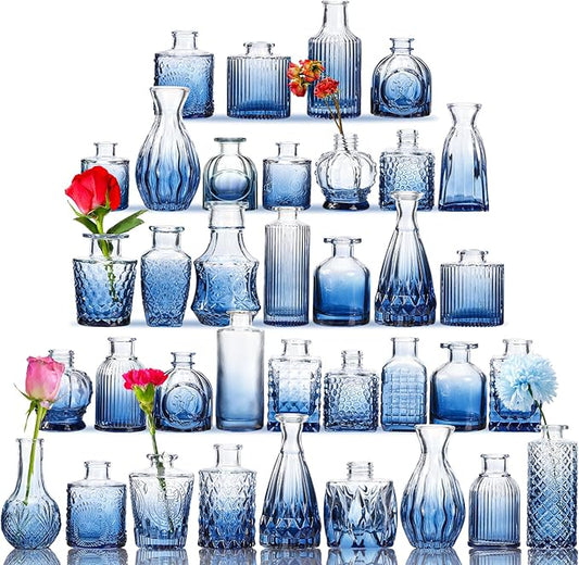 Fixwal 36 Blue Bud Vases Glass Bud Vase Set, Small Vases for Flowers, Bud Vases for Centerpieces Mini Flower Vases in Bulk for Rustic Wedding Decorations Vintage Look Home Table Decor (Blue)