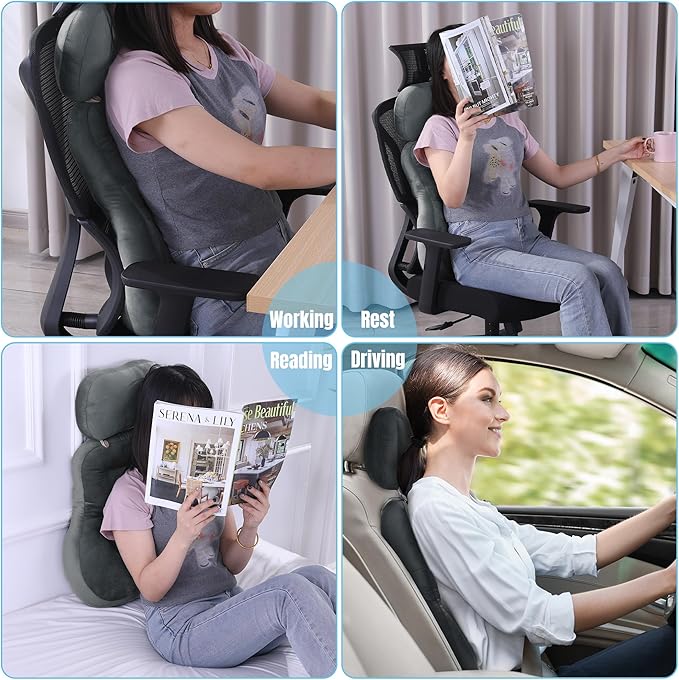 HOMBYS Neck Support for Short-Back Office Chair, Soft Headrest Pillow Lumbar Support for Neck Pressure Relief Improved Posture for Working Chair, Car and Travel, Dark Grey