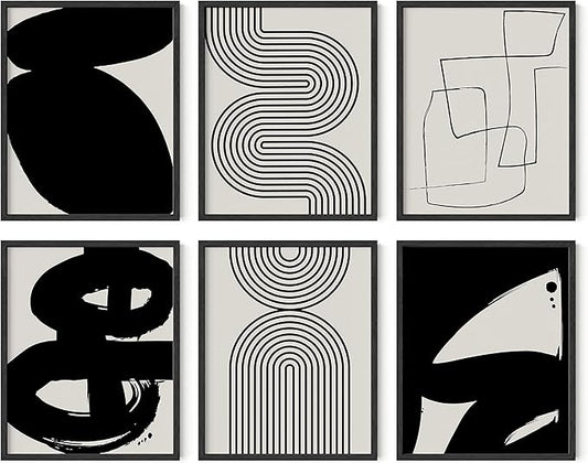 HAUS AND HUES Black Abstract Painting Aesthetic Wall Art- Set of 6 Modern Abstract Wall Art, Black and Gray One Line Abstract Art, Geometric Print Wall Art, Minimalist Wall Art (Black Frame, 8x10)