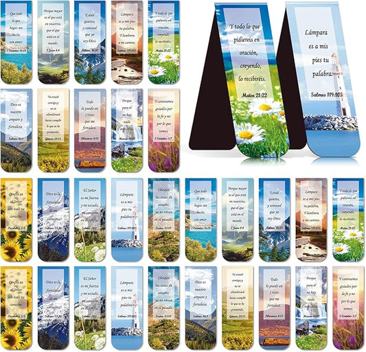 Spanish Christian Magnetic Bookmark - 30PCS Bible Verse Magnetic Bookmarks Scripture Scenery Book Marks Inspirational Religious Book Mark Magnets Page Marker Clip for Students Teacher Reading