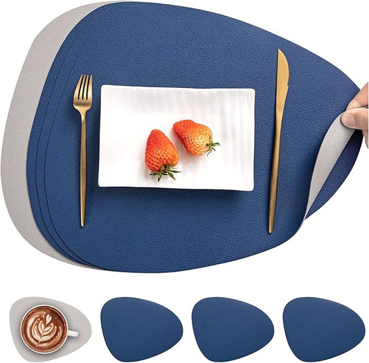 Myir JUN Placemats, Dual-Sided Placemats Waterproof Faux Leather Placemats Set of 4 Place Mats and Coasters Non-Slip Washable Table Mats for Dining Table (Light Gray Blue, Set of 4)