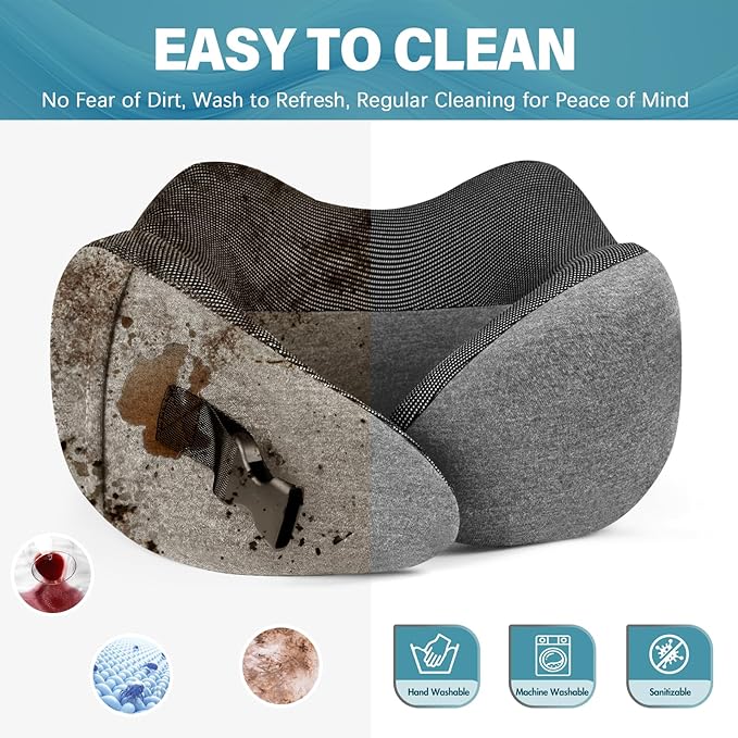 PORTHOLIC 2024 Upgraded Travel Neck Pillow with Buckle,100% Pure Memory Foam Travel Neck Pillow for Airplane Travel Flight Headrest Sleep, Portable Plane Accessories(Light Grey)