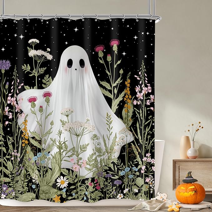 LGhtyro Funny Ghost Kids Shower Curtain Bathroom Set 60Wx71H Inches Halloween Spooky Wildflower Floral Rustic Plant Leaf Botanical Bath Accessories Starry Night Sky Art Home Decor Fabric 12 Pack Hooks