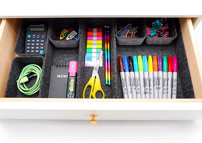 Welaxy desk drawer organizer tray shallow felt storage bin for office suppliers makeup pen keys craft brush decluttering 8-piece sleek minimalist lifestyle gift for men (Charcoal)
