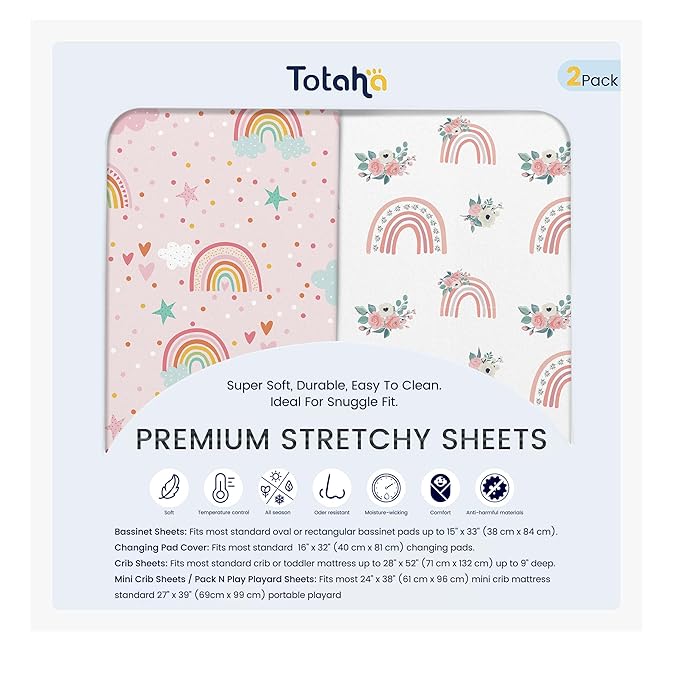 TotAha Premium Soft Pack n Play Sheets, Super Stretchy Jersey Knit Mini Crib Sheets Fitted, Silky Comfort Pack and Play Mattress Sheets, 2 Pack (Rainbow)
