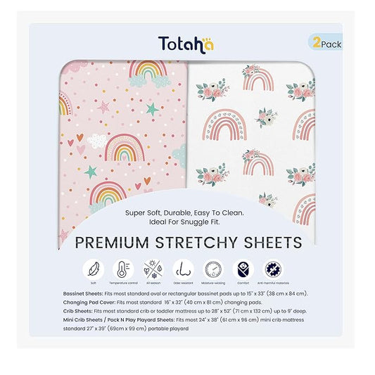 TotAha Premium Soft Pack n Play Sheets, Super Stretchy Jersey Knit Mini Crib Sheets Fitted, Silky Comfort Pack and Play Mattress Sheets, 2 Pack (Rainbow)