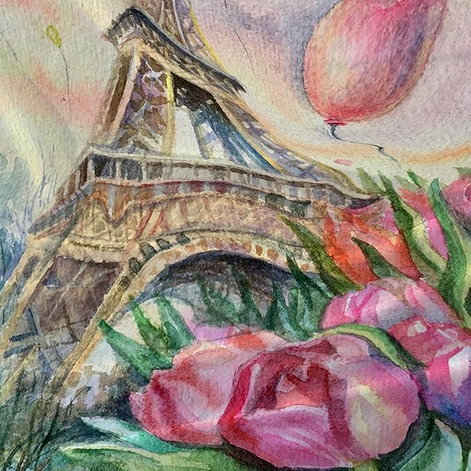 AILONEN Eiffel Tower Shower Curtain,Fantasy Tower Bathroom Fabric Shower Curtain for Girls Kids Teens, 72" W*96" H Flower Balloon Paris Tower Watercolor Theme Bathroom Decor