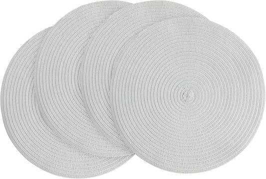 Floroom 15 Inch Round Braided Placemats Set of 4, Washable Heat Resistant Cotton Polyester Circle Place Mats for Kitchen Dining Table - Silver Grey