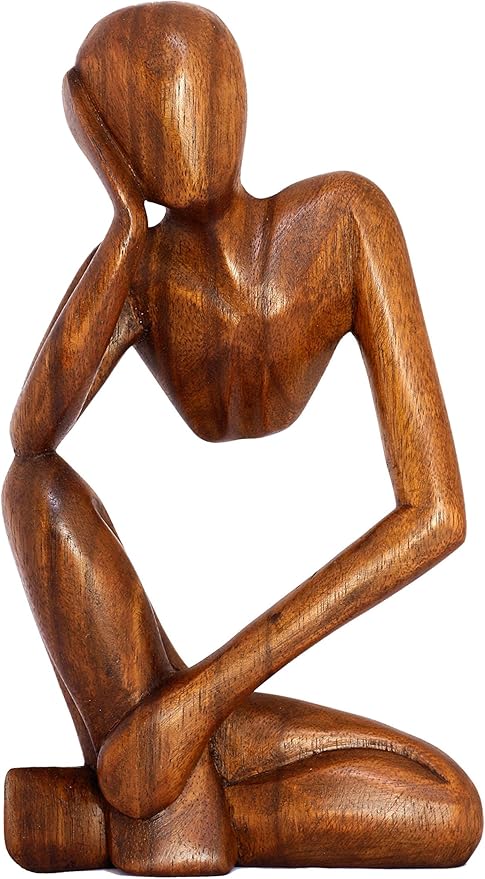 12" Wooden Handmade Abstract Sculpture Thinker Statue Handcrafted - Thinking Man - Gift Art Modern Decorative Unique Home Decor Figurine Accent Decoration Artwork Hand Carved (Brown)