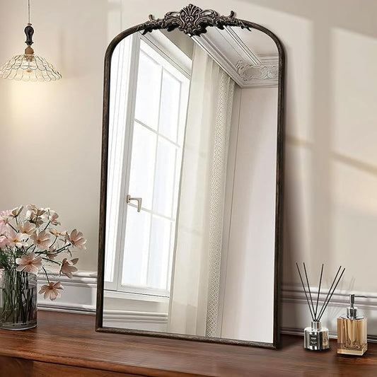Antique Baroque Arched Mirror: 24"x42" Black Vintage Wall Mounted Mirror - Traditional Ornate Metal Frame - Ideal for Entryway/Living Room/Hallway/Bathroom