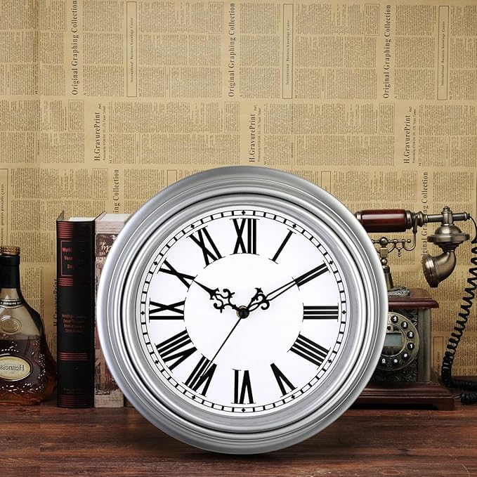 Plumeet Retro Wall Clock, 12'' Non Ticking Classic Silent Vintage Wall Clocks Decorative Kitchen Living Room Bedroom, Roman Numerals, Battery Operated, Silver