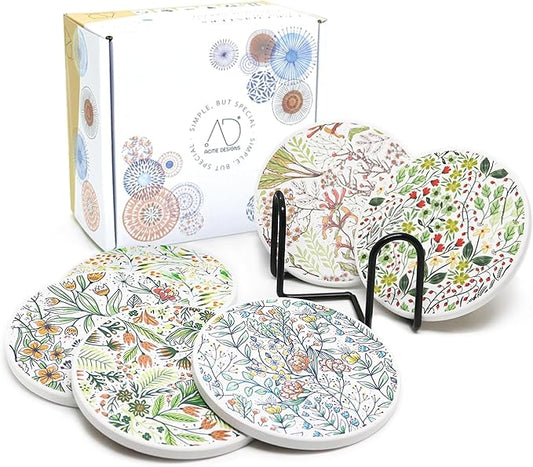 AD Set of 6 Coasters for Drinks Absorbing Round Ceramic Stone Coaster with Cork Base Tabletop Protection Mat for Mugs and Cups,Office,Kitchen (Bontanicals with Holder)